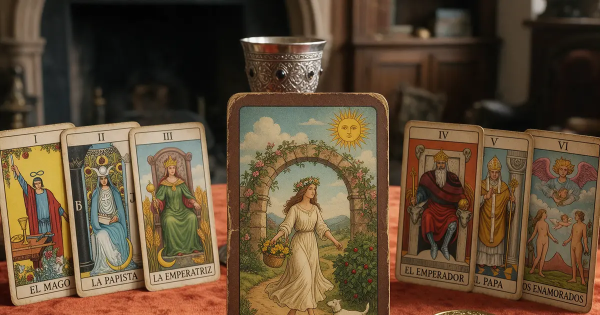 Arcanos mayores del tarot sobre un tapete: El Loco, El Mago, La Emperatriz y Los Enamorados
