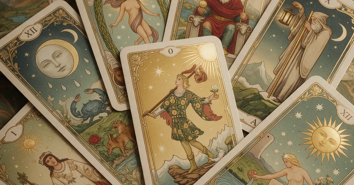Cartas de tarot ilustradas con El Loco en el centro