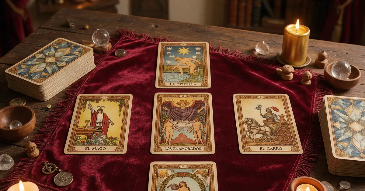 Tarot sobre tapete de terciopelo rojo con velas y cristales