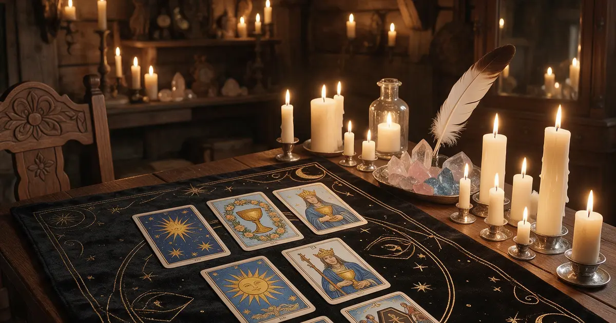 Mesa de consulta de tarot iluminada con velas