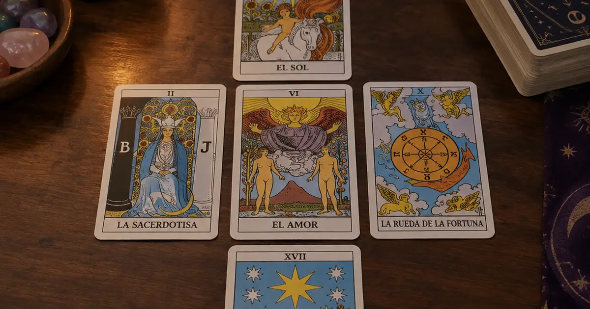 Tirada de tarot en cruz sobre una mesa de madera con vela