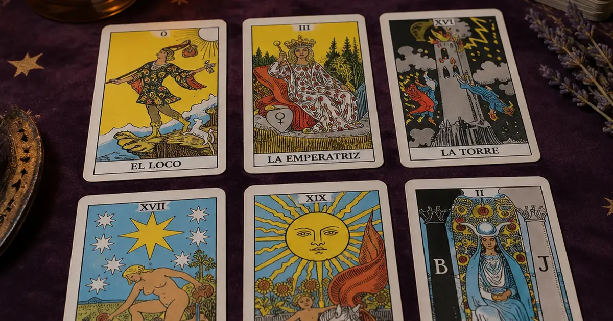 Seis cartas del tarot sobre un tapete morado con estrellas